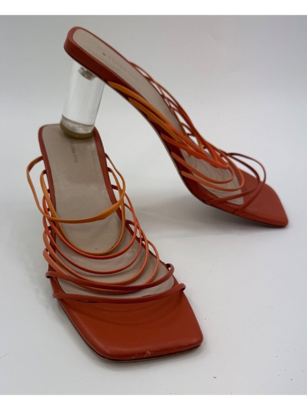 Rejina Pyo Orange Leather Strappy Mule Sandals Clear Lucite Block Heels Size 8 /